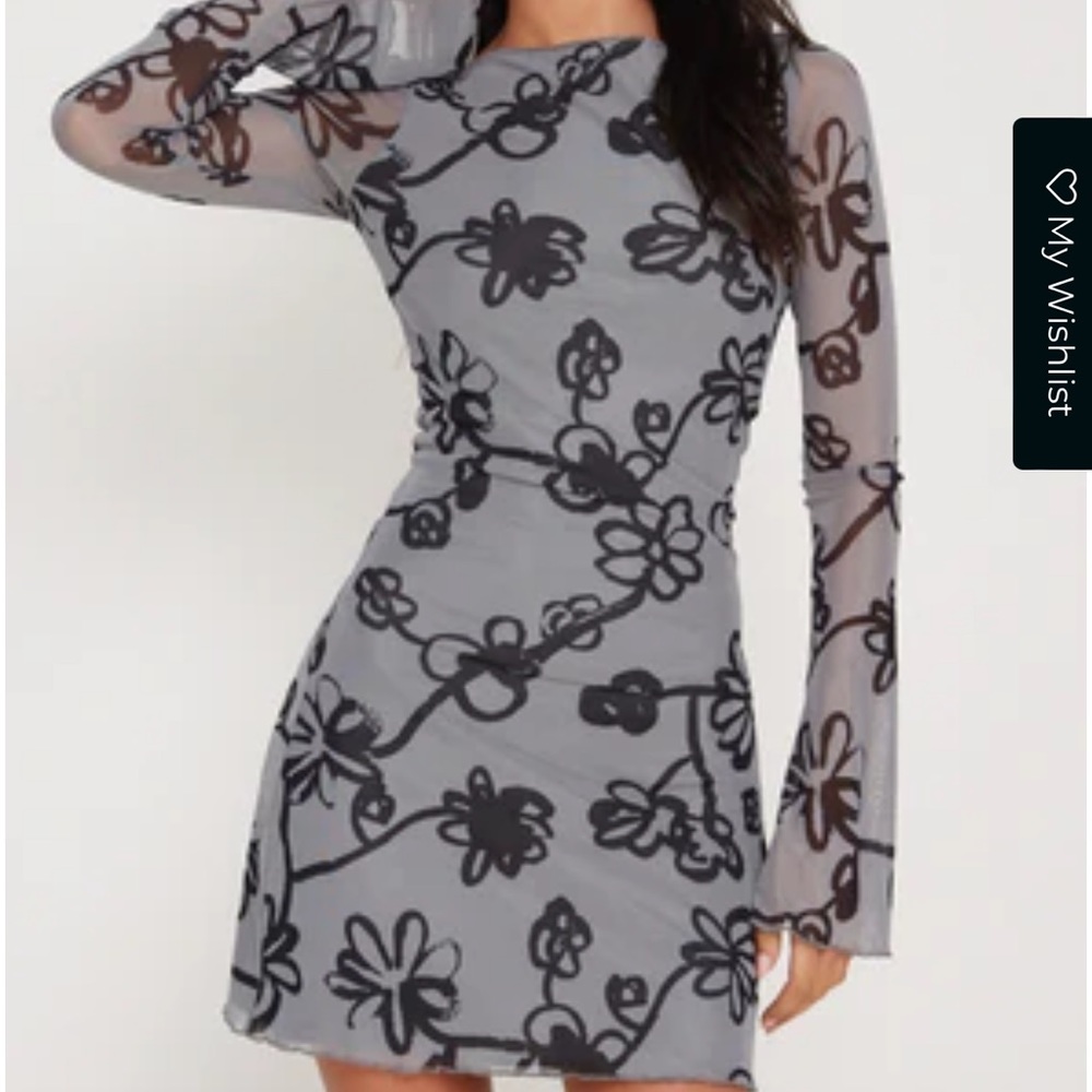 Motel Rock Sevila Mini Dress In Mesh Doodle Flower Grey